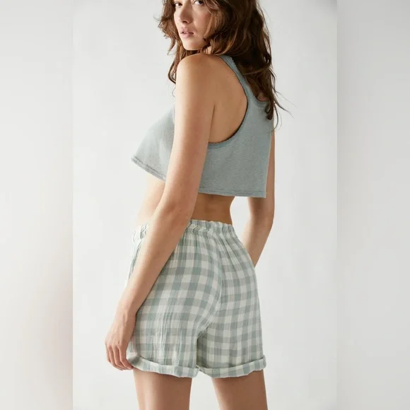 NWT: FREE PEOPLE Sunday Morning Boxer Aqua Gingham Size Large - Picture 2 of 9
